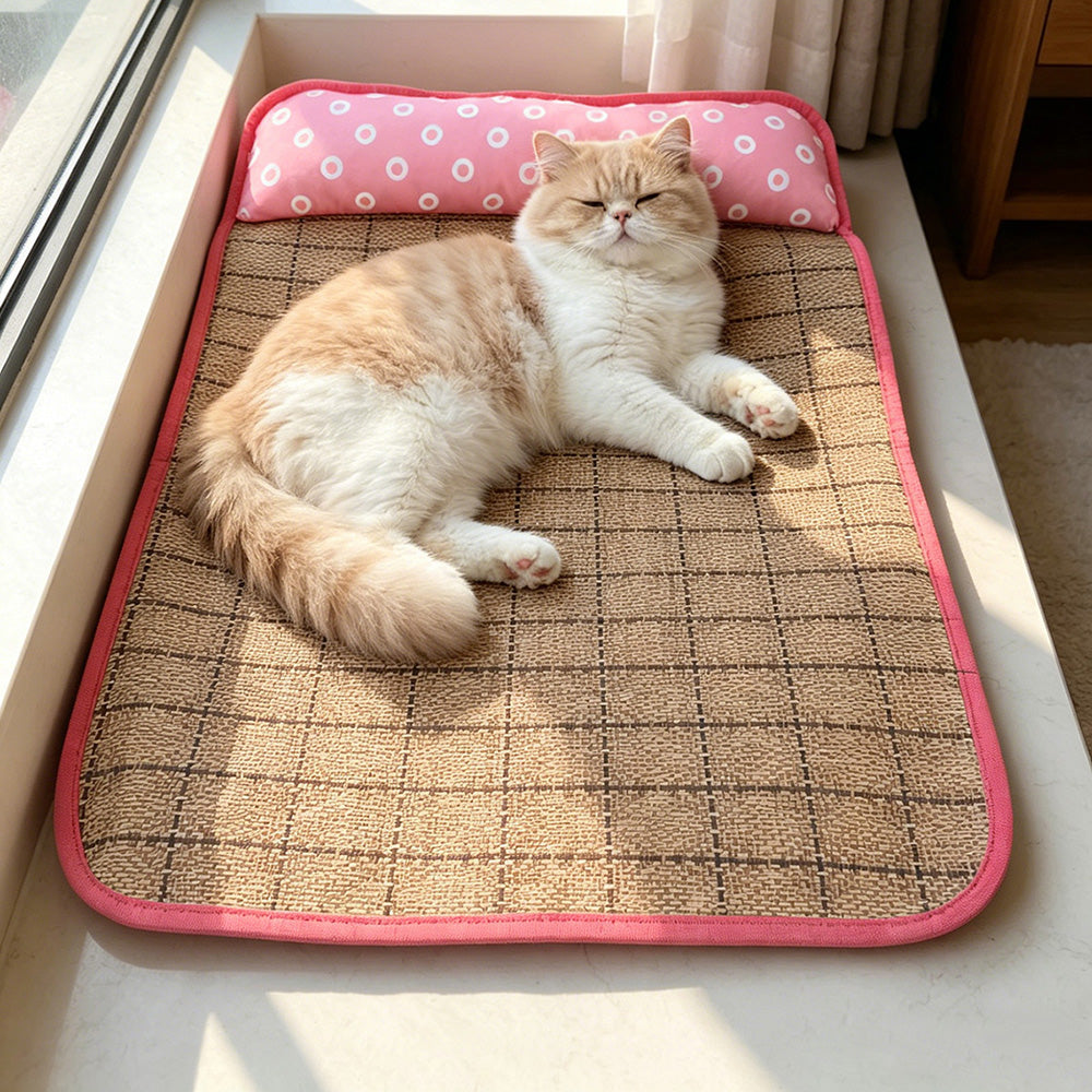 Cooling Pet Mat with Pillow, Rattan Mat for Cats and Dogs