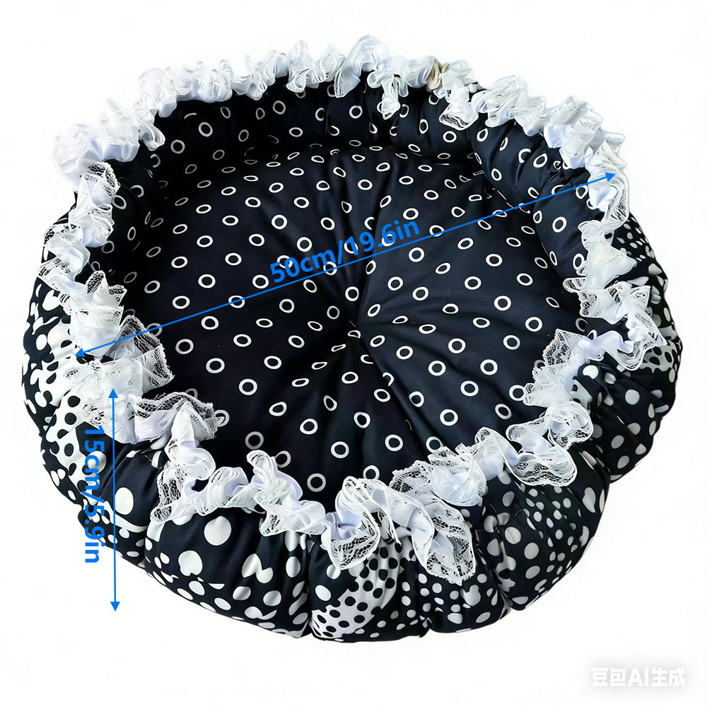 Black and white polka dot lace drawstring round neck top