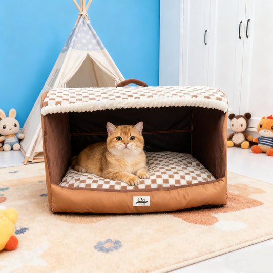 Foldable Enclosed Pet Bed for Indoor Cats and Small Dogs, Soft and Warm Pet Cave with Removable Cushion, Portable Pet Shelter for Winter and Travel