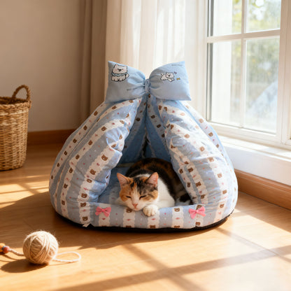 Bowknot Love Digital Print Pet Bed, Enclosed Warm Pet Bed for All Seasons