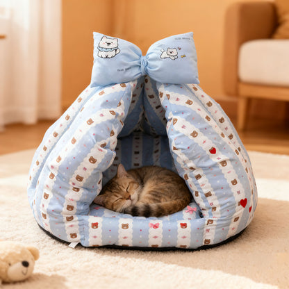 Bowknot Love Digital Print Pet Bed, Enclosed Warm Pet Bed for All Seasons