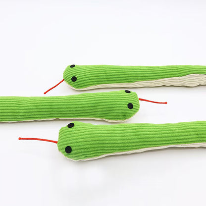 Green simulated snake cat toy, grinding teeth, chewing, interactive, boredom-relieving pillow