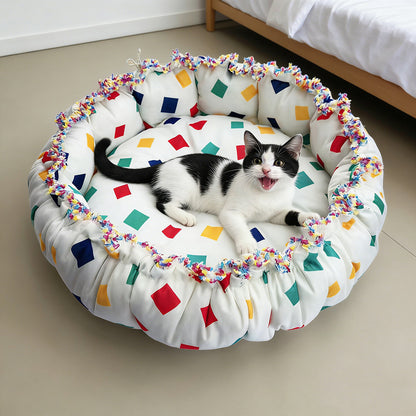 Colorful Block Print Drawstring Round Pet Nest, Rainbow Fringed Dual-Use Pet Bed