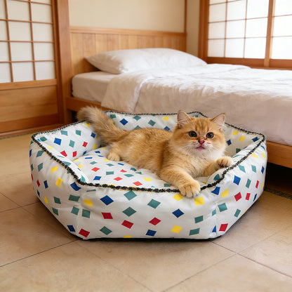 Colorful Block Print Hexagonal Pet Bed, All-Season High-Security Cat and Dog Bed