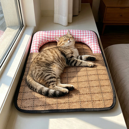 This checkerboard summer cat bed is so comfy for lying flat!