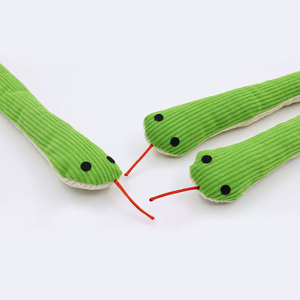 Green simulated snake cat toy, grinding teeth, chewing, interactive, boredom-relieving pillow