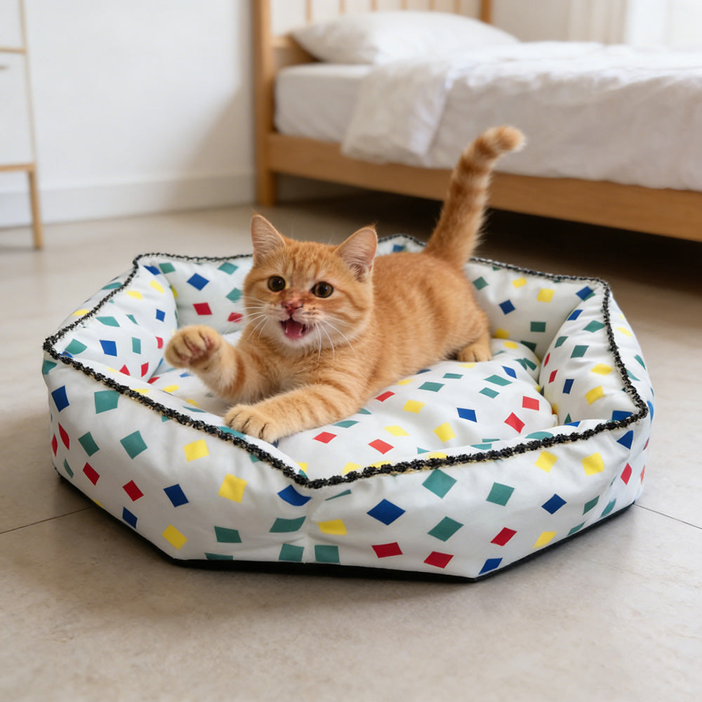 Colorful Block Print Hexagonal Pet Bed, All-Season High-Security Cat and Dog Bed