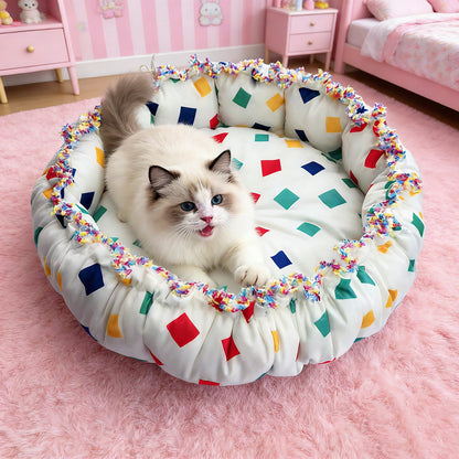 Colorful Block Print Drawstring Round Pet Nest, Rainbow Fringed Dual-Use Pet Bed