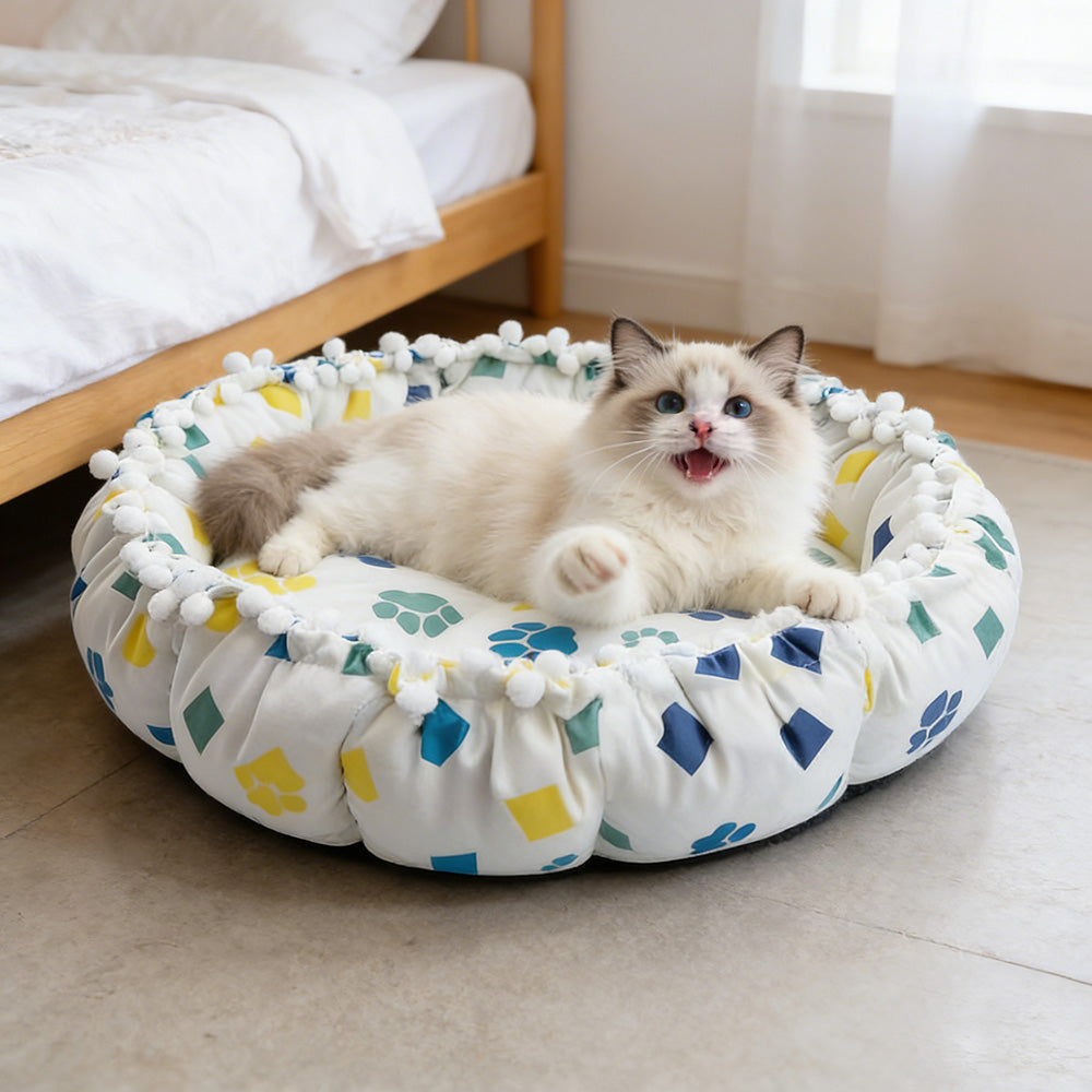 Drawstring Pompom Lace Digital Print Pet Bed