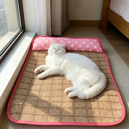 Cooling Pet Mat with Pillow, Rattan Mat for Cats and Dogs