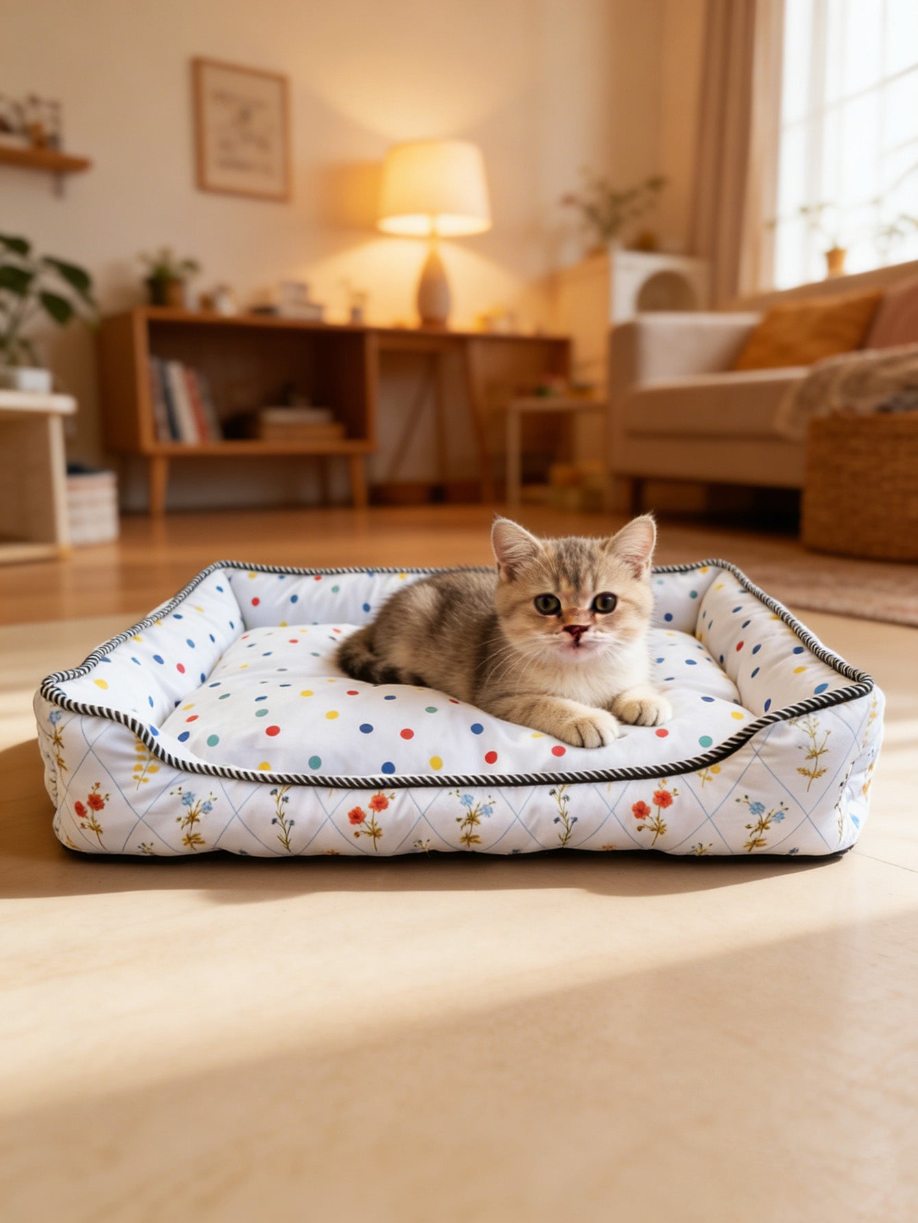 Polka Dot Floral Square Pet Bed, All-Season Soft Dog and Cat Bed