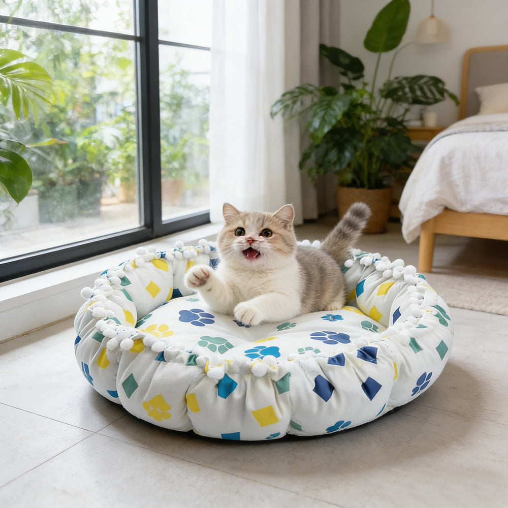 Drawstring Pompom Lace Digital Print Pet Bed