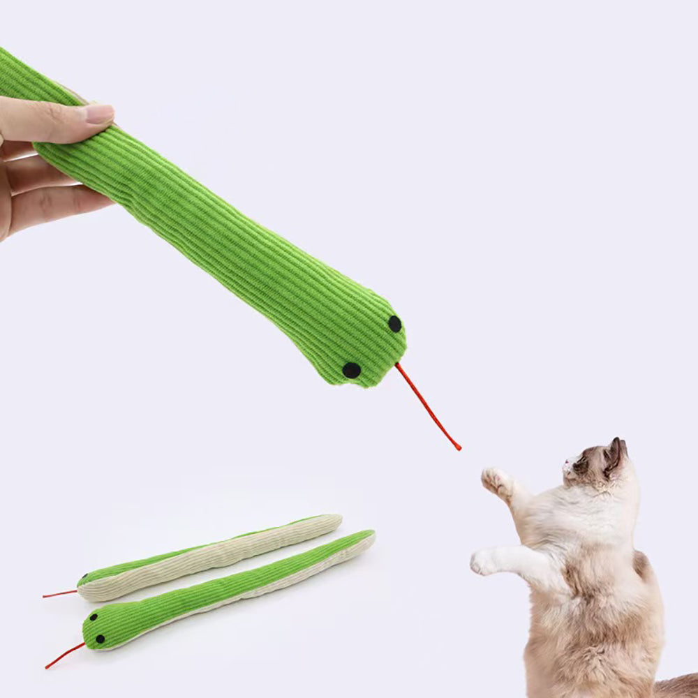 Green simulated snake cat toy, grinding teeth, chewing, interactive, boredom-relieving pillow