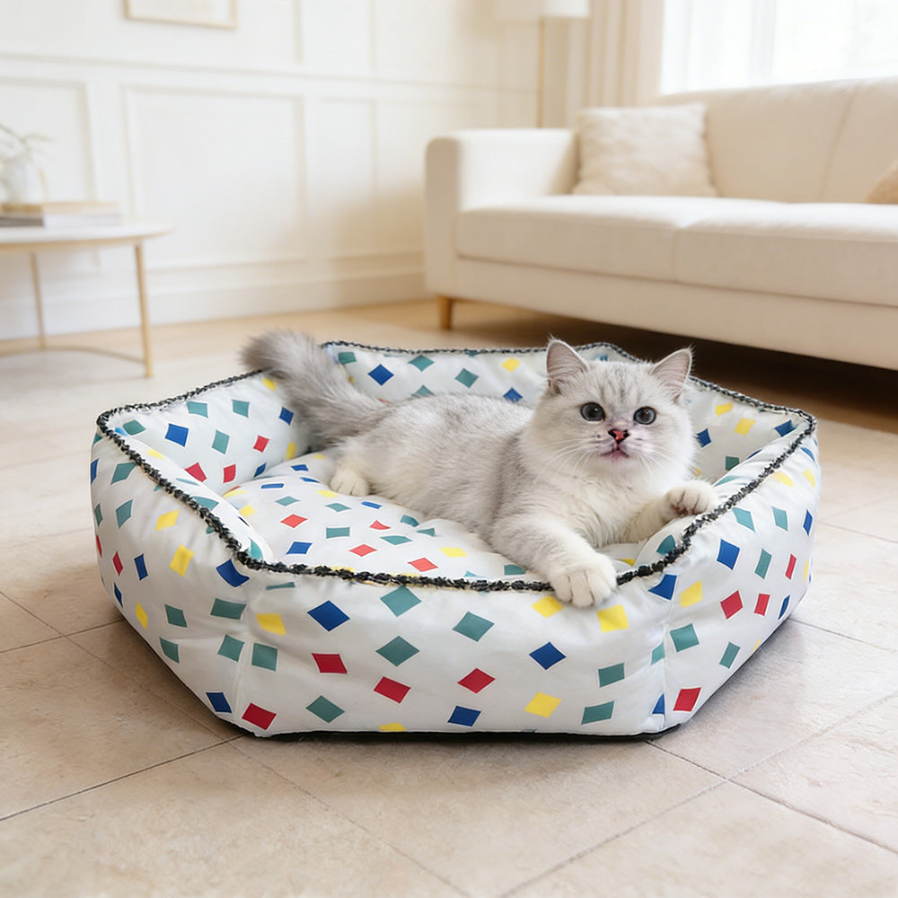 Colorful Block Print Hexagonal Pet Bed, All-Season High-Security Cat and Dog Bed