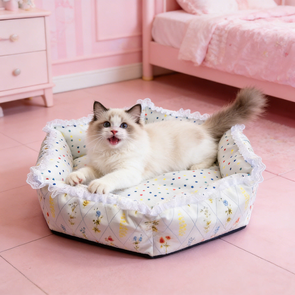 Floral digital print hexagonal pet bed, all-season high-security cat and dog bed