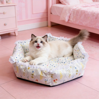 Floral digital print hexagonal pet bed, all-season high-security cat and dog bed