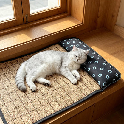 Cooling Pet Mat with Pillow, Rattan Mat for Cats and Dogs