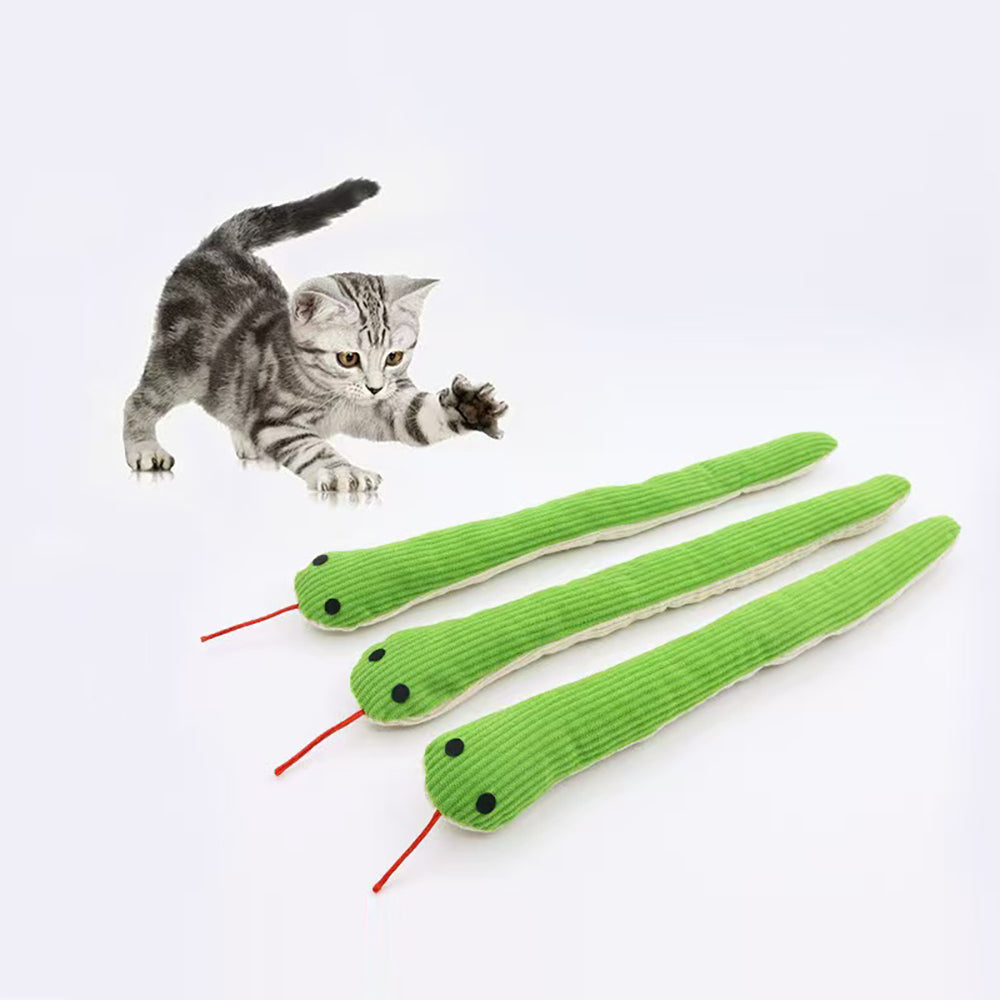 Green simulated snake cat toy, grinding teeth, chewing, interactive, boredom-relieving pillow
