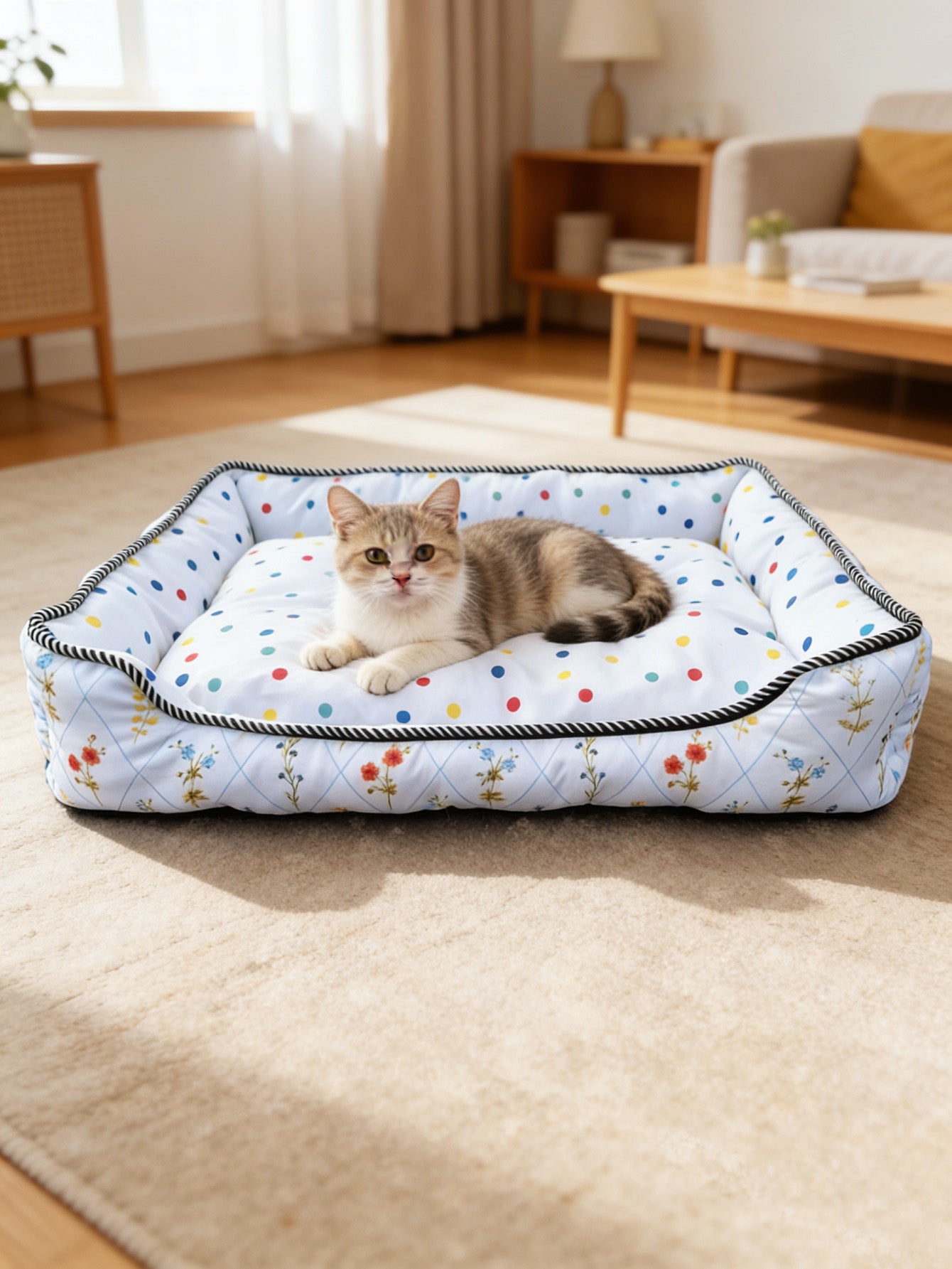Polka Dot Floral Square Pet Bed, All-Season Soft Dog and Cat Bed