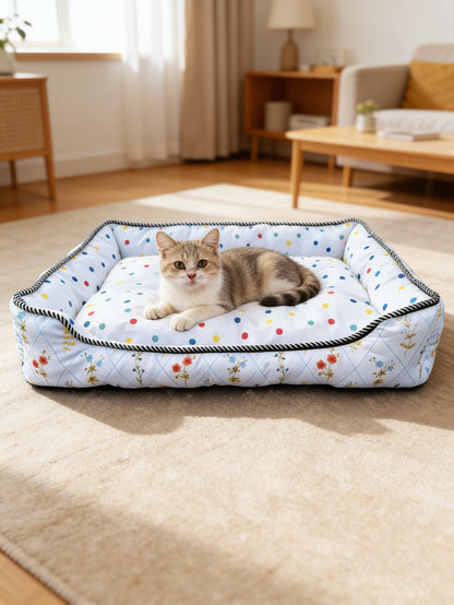 Polka Dot Floral Square Pet Bed, All-Season Soft Dog and Cat Bed