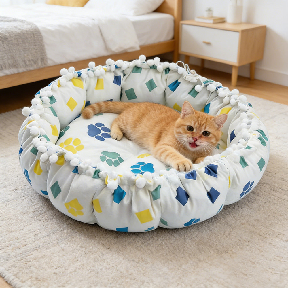Drawstring Pompom Lace Digital Print Pet Bed