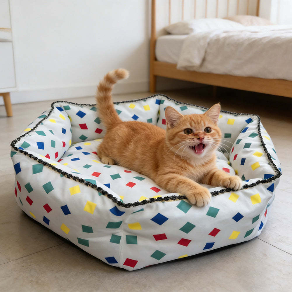 Colorful Block Print Hexagonal Pet Bed, All-Season High-Security Cat and Dog Bed