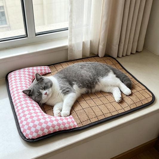 This checkerboard summer cat bed is so comfy for lying flat!