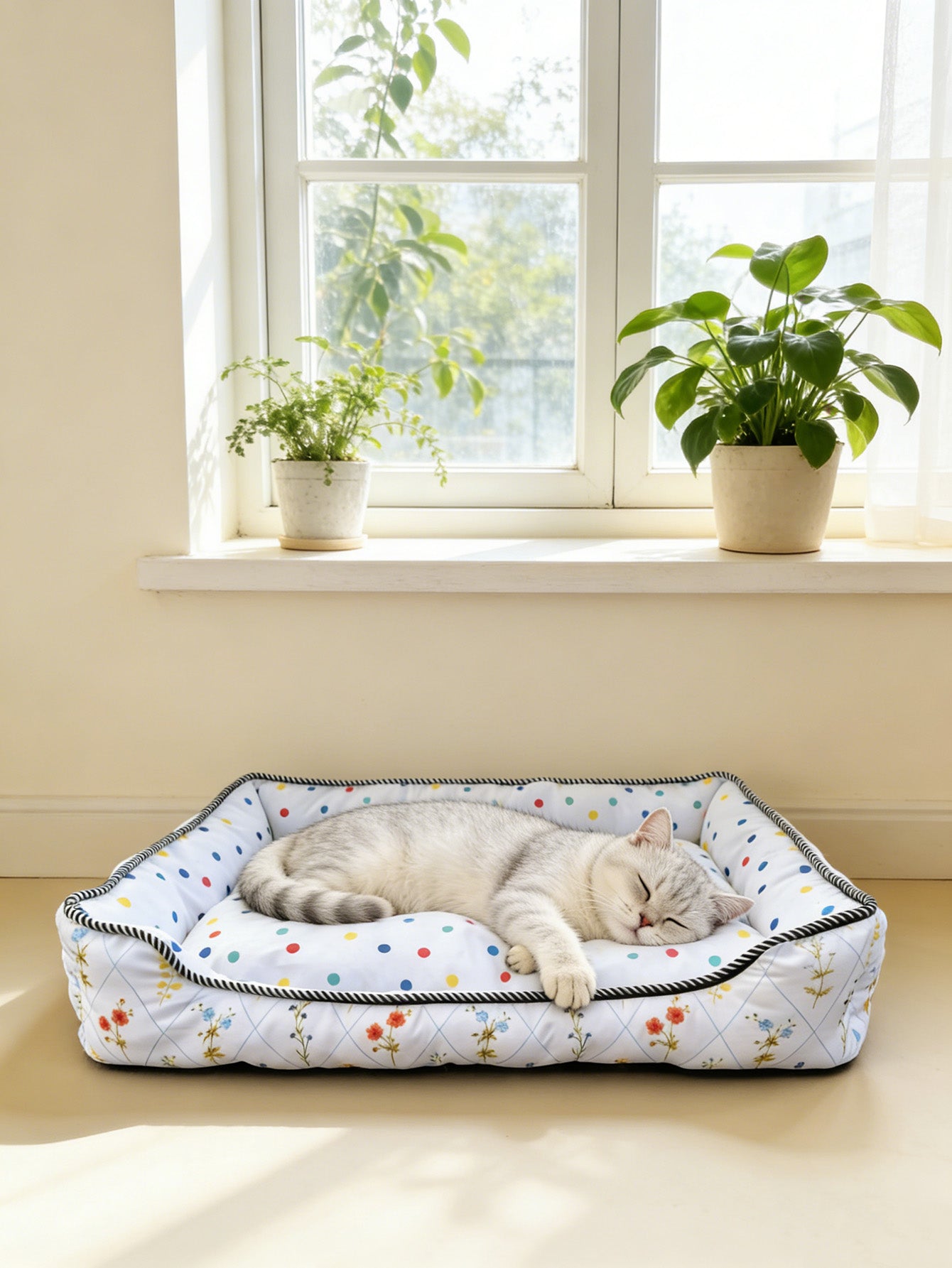 Polka Dot Floral Square Pet Bed, All-Season Soft Dog and Cat Bed