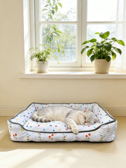 Polka Dot Floral Square Pet Bed, All-Season Soft Dog and Cat Bed