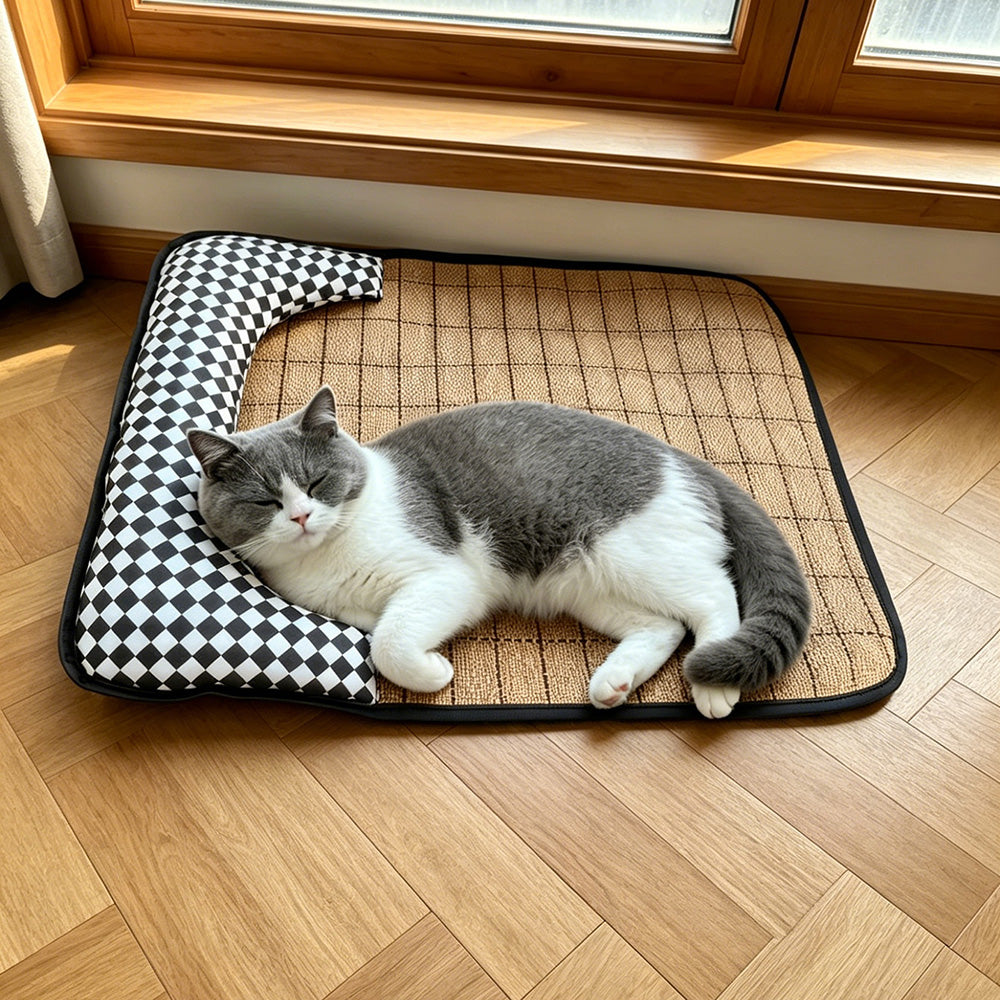 This checkerboard summer cat bed is so comfy for lying flat!