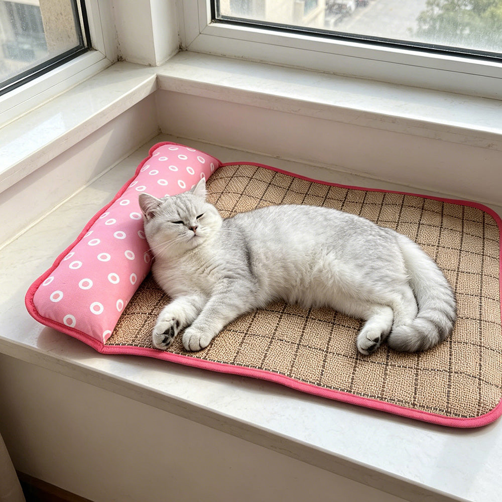 Cooling Pet Mat with Pillow, Rattan Mat for Cats and Dogs