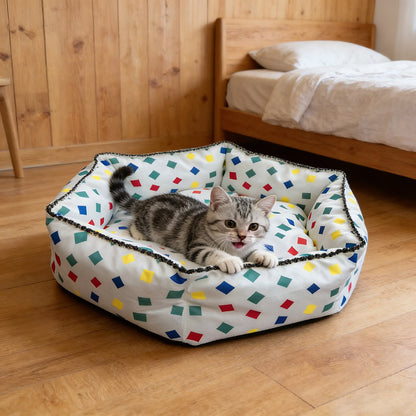 Colorful Block Print Hexagonal Pet Bed, All-Season High-Security Cat and Dog Bed