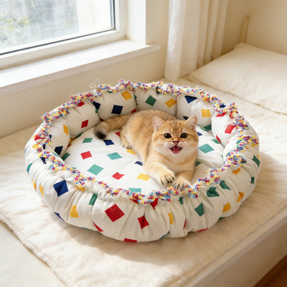 Colorful Block Print Drawstring Round Pet Nest, Rainbow Fringed Dual-Use Pet Bed