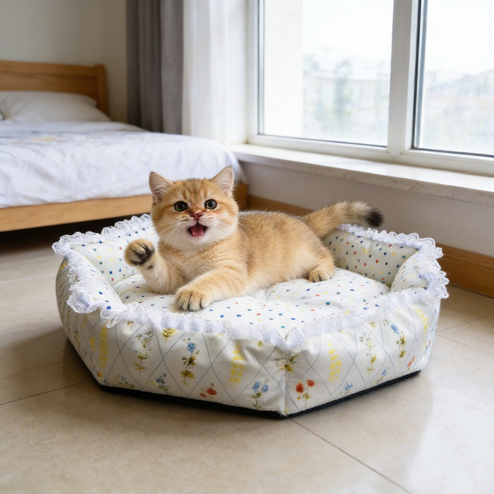 Floral digital print hexagonal pet bed, all-season high-security cat and dog bed
