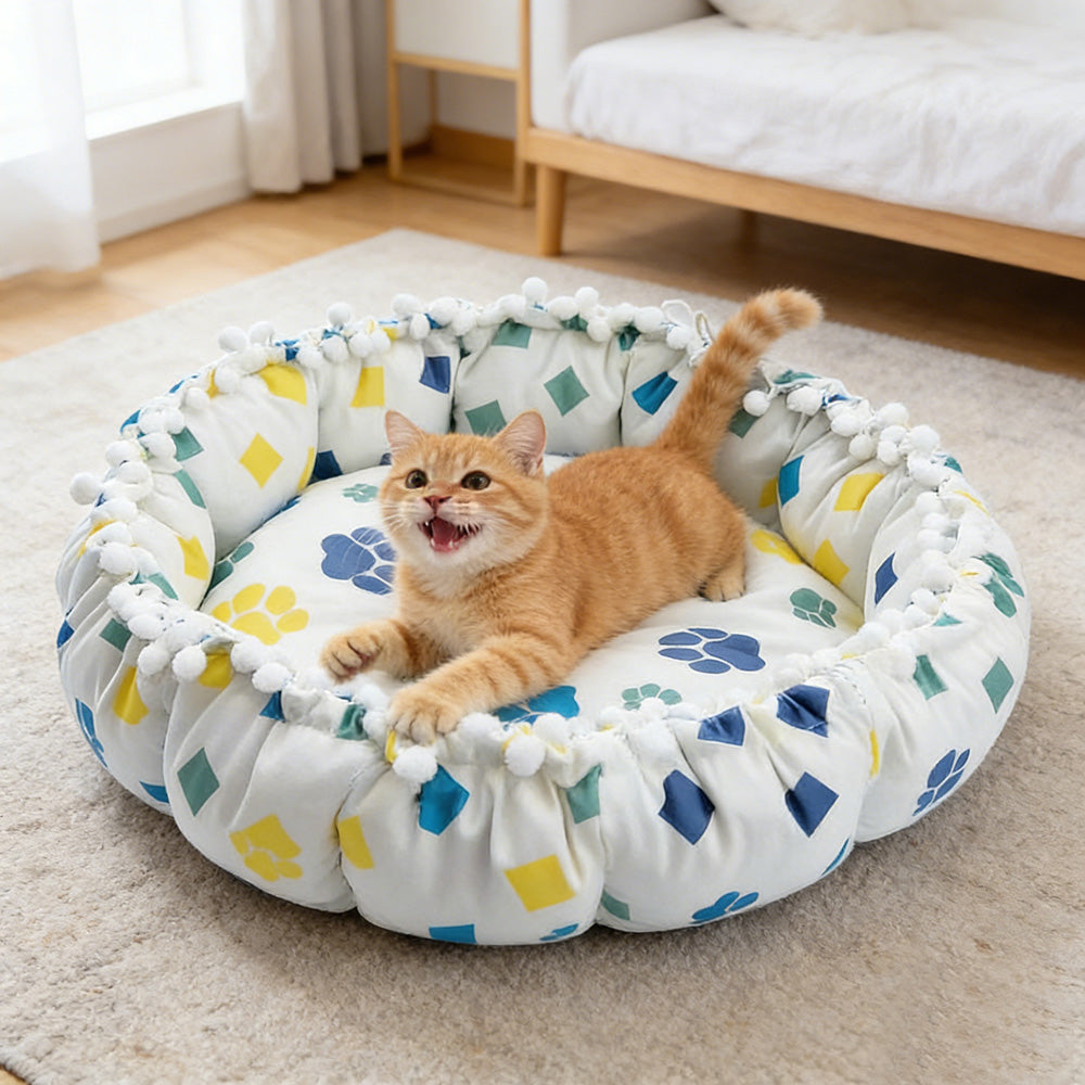 Drawstring Pompom Lace Digital Print Pet Bed