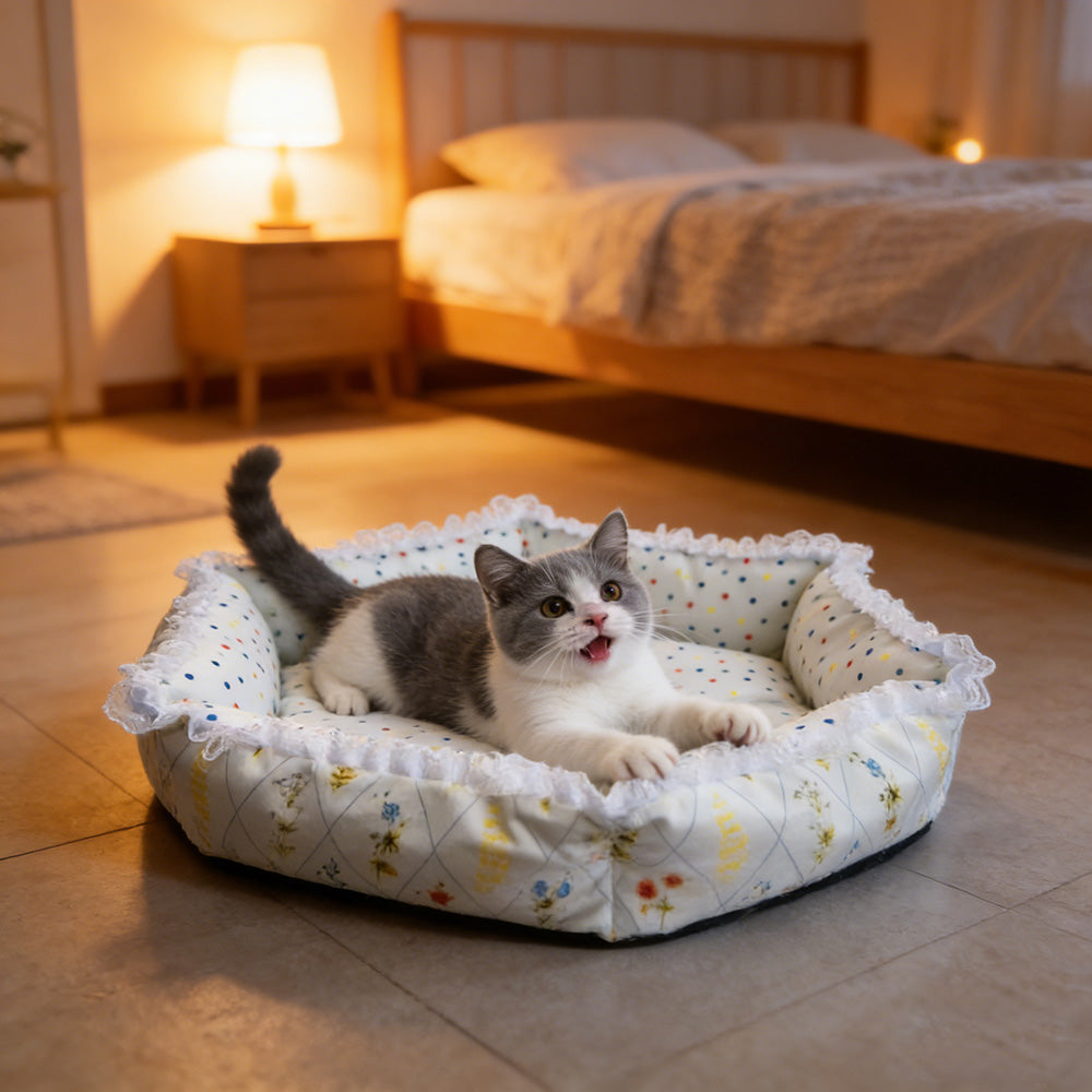 Floral digital print hexagonal pet bed, all-season high-security cat and dog bed