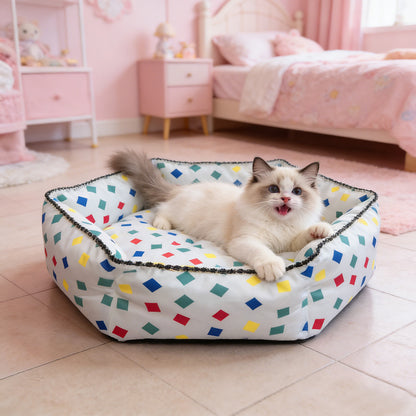 Colorful Block Print Hexagonal Pet Bed, All-Season High-Security Cat and Dog Bed