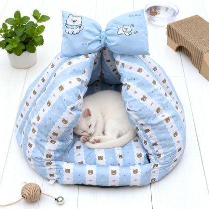 Bowknot Love Digital Print Pet Bed, Enclosed Warm Pet Bed for All Seasons