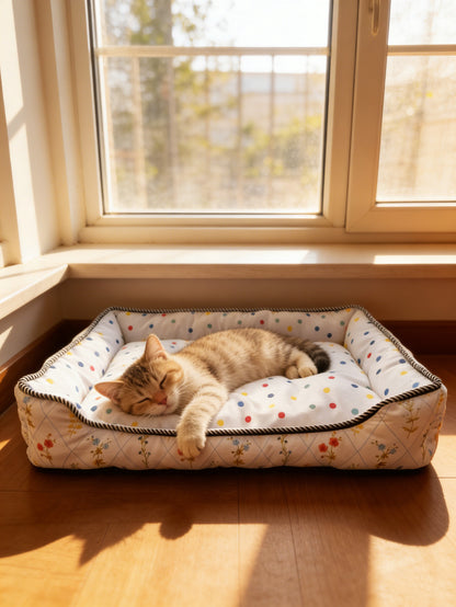 Polka Dot Floral Square Pet Bed, All-Season Soft Dog and Cat Bed