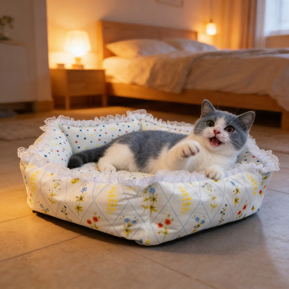 Floral digital print hexagonal pet bed, all-season high-security cat and dog bed