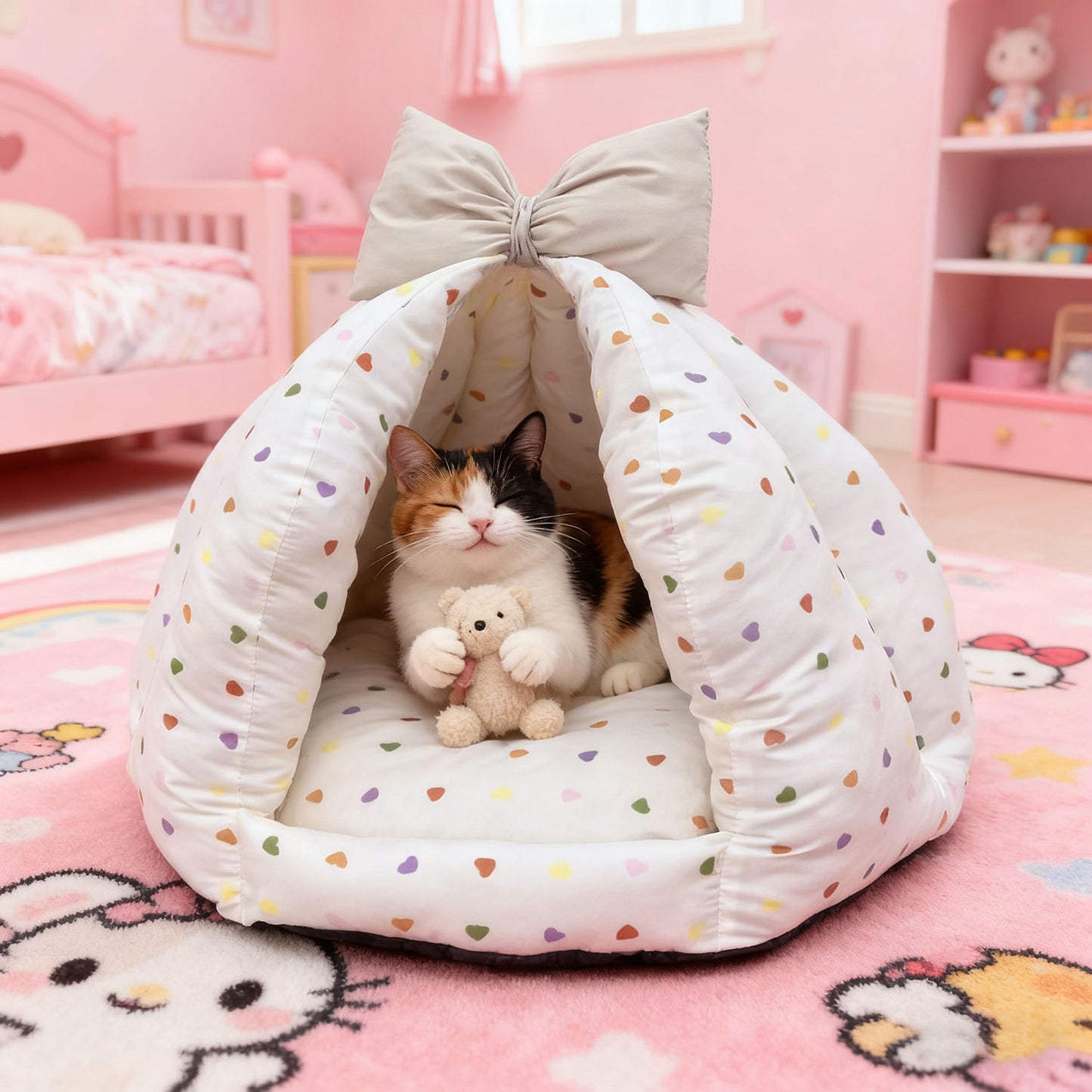 Bowknot Love Digital Print Pet Bed, Enclosed Warm Pet Bed for All Seasons
