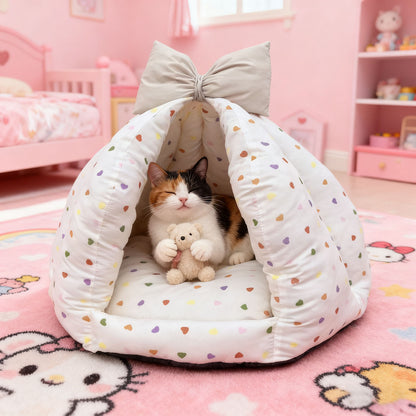 Bowknot Love Digital Print Pet Bed, Enclosed Warm Pet Bed for All Seasons