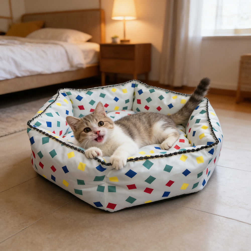 Colorful Block Print Hexagonal Pet Bed, All-Season High-Security Cat and Dog Bed