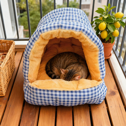 Plaid Enclosed Cat Bed, Thickened Warm Tunnel Cat Bed for Autumn and Winter