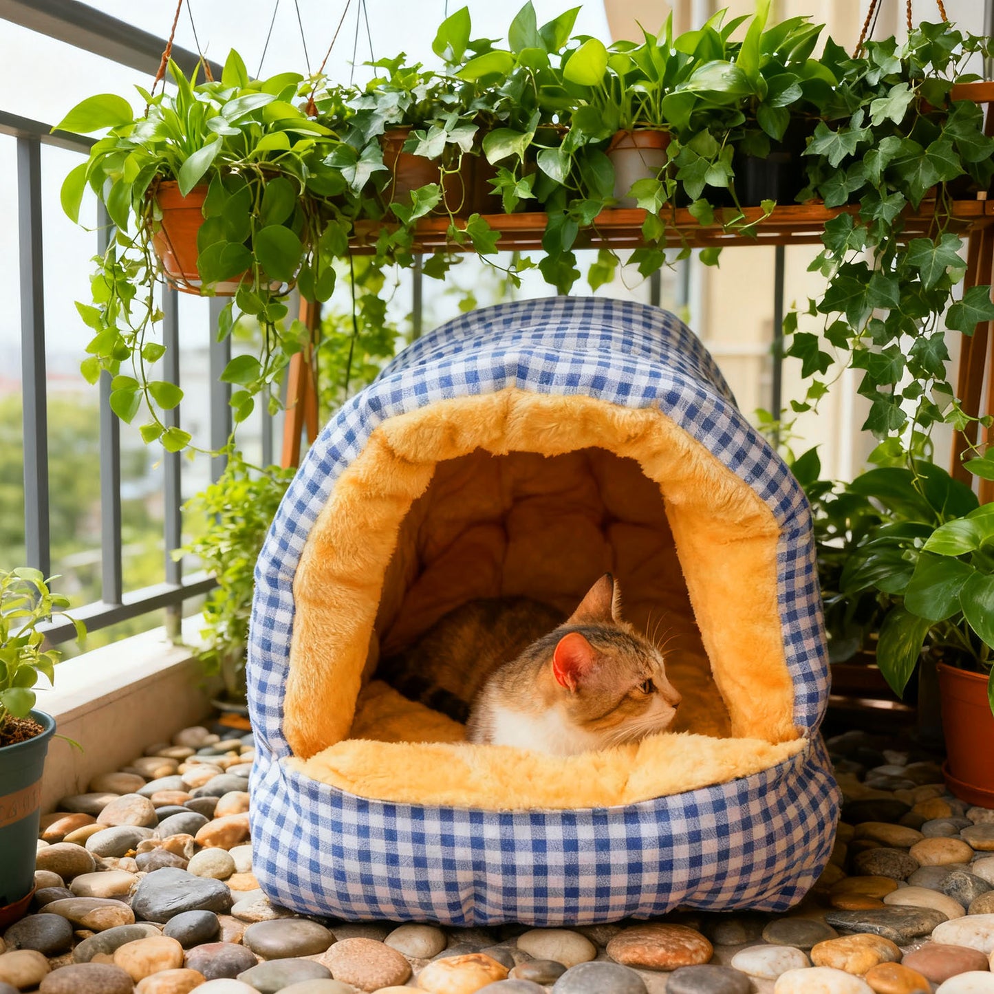 Plaid Enclosed Cat Bed, Thickened Warm Tunnel Cat Bed for Autumn and Winter