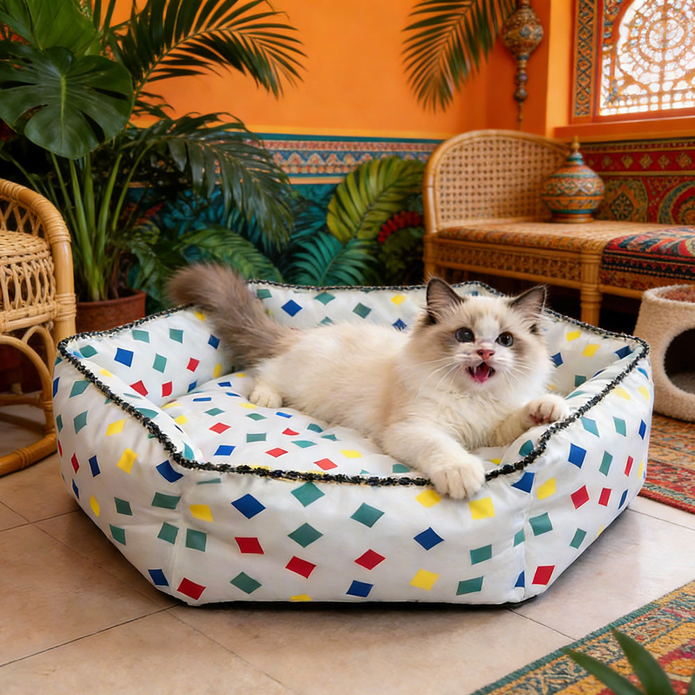 Colorful Block Print Hexagonal Pet Bed, All-Season High-Security Cat and Dog Bed
