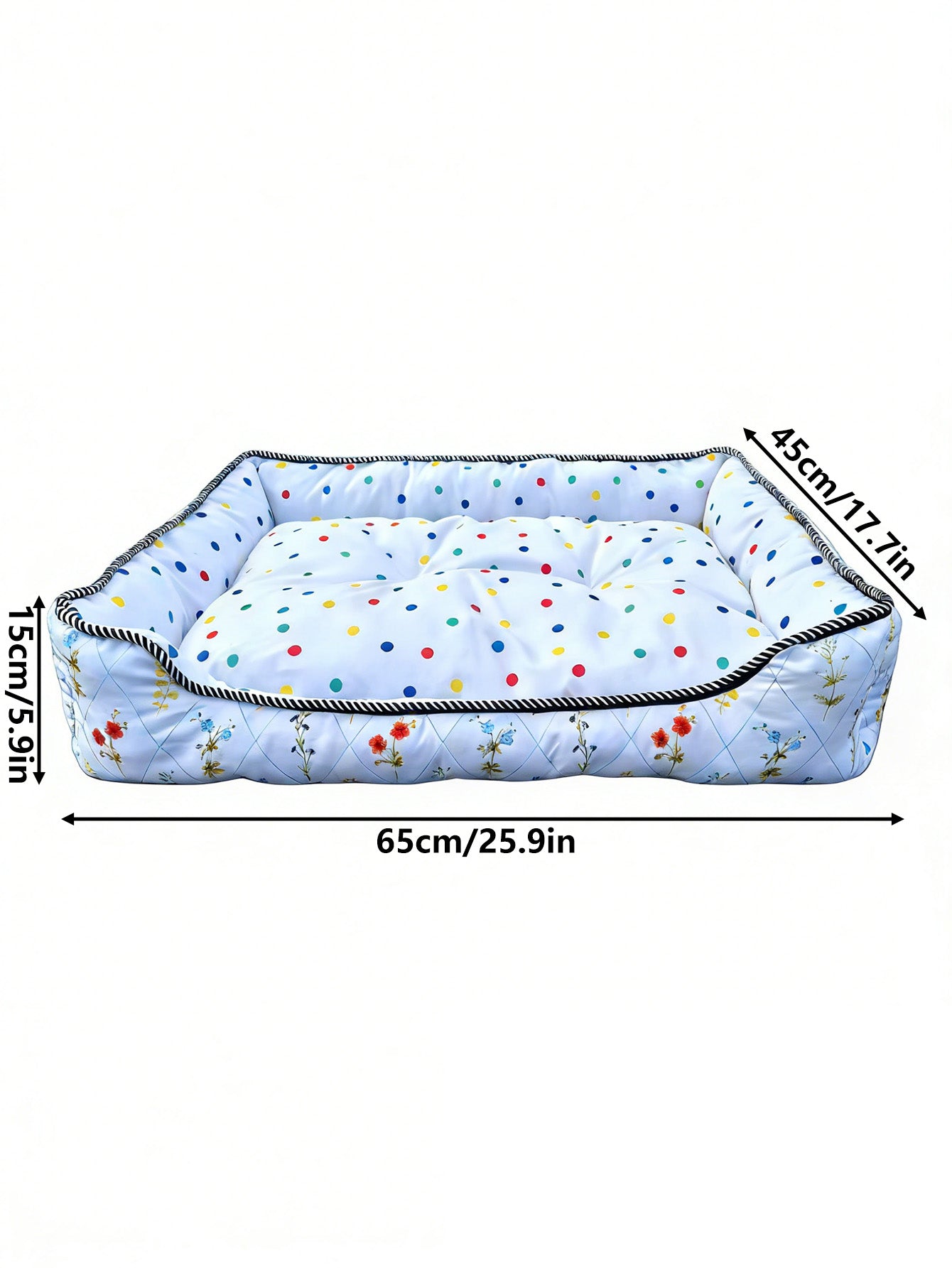 Polka Dot Floral Square Pet Bed, All-Season Soft Dog and Cat Bed