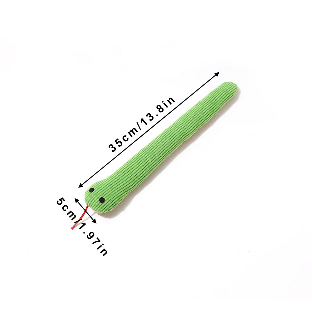 Green simulated snake cat toy, grinding teeth, chewing, interactive, boredom-relieving pillow