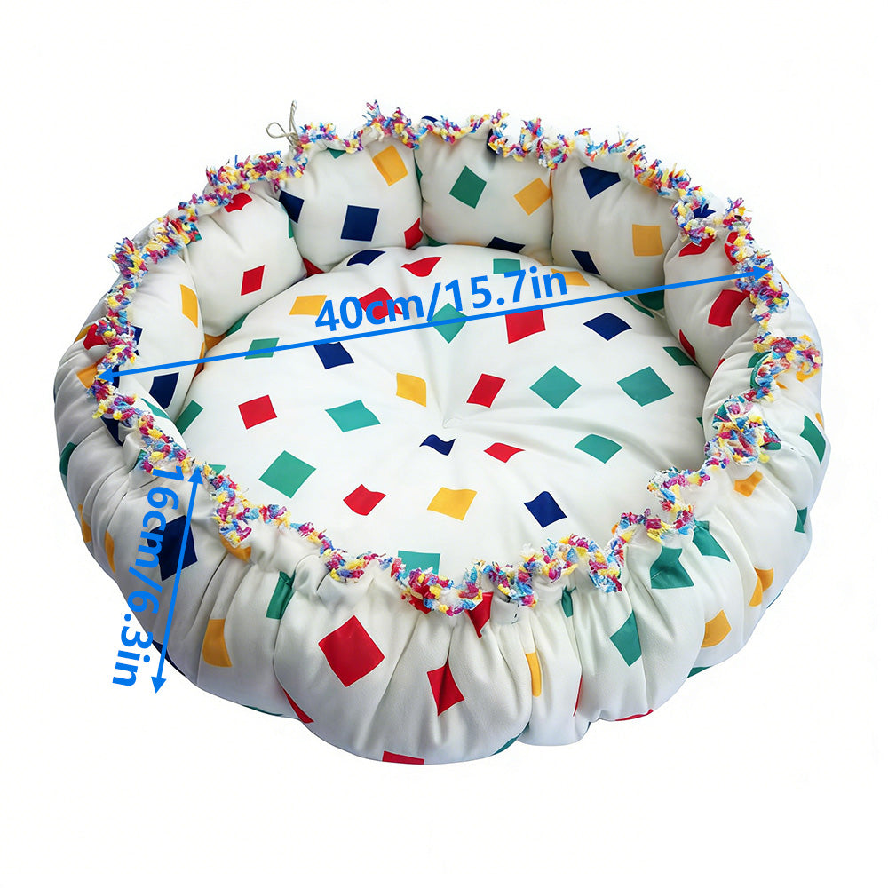 Colorful Block Print Drawstring Round Pet Nest, Rainbow Fringed Dual-Use Pet Bed
