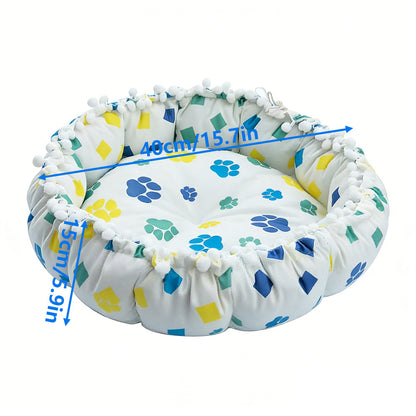 Drawstring Pompom Lace Digital Print Pet Bed
